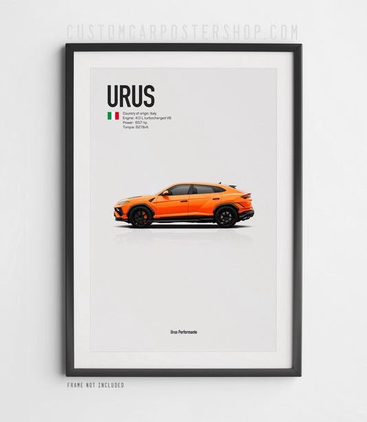 Orange Lamborghini Urus Performante side profile poster in minimalist style, high-performance SUV on clean white background.