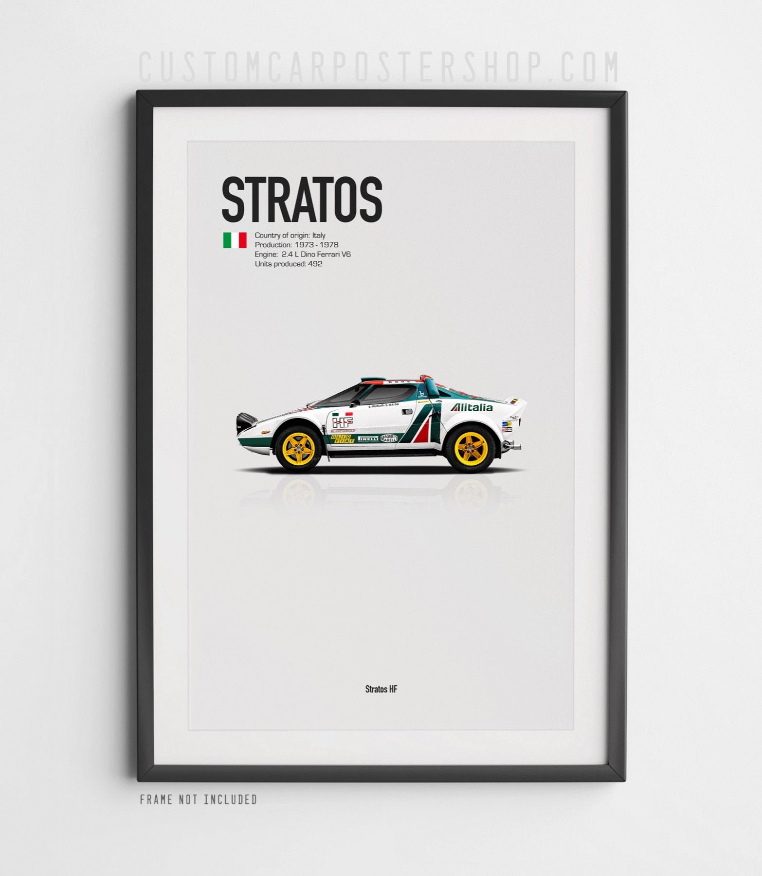 Minimalist art print of the 1975 Lancia Stratos HF in Alitalia rally livery – side profile racing car poster for WRC fans, garage, office, or home decor.