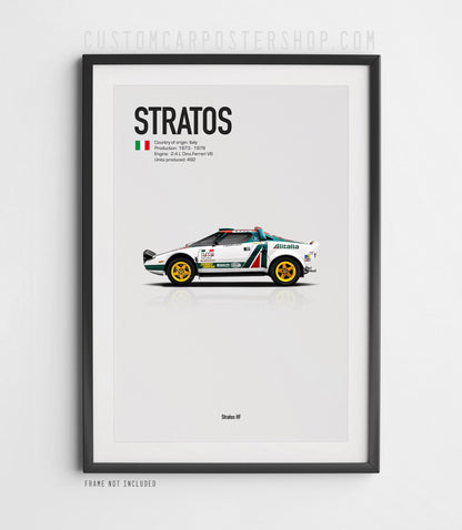 Minimalist art print of the 1975 Lancia Stratos HF in Alitalia rally livery – side profile racing car poster for WRC fans, garage, office, or home decor.