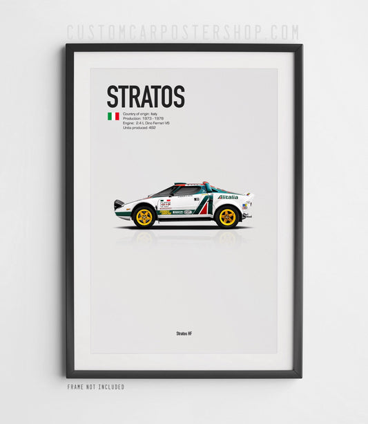 Minimalist art print of the 1975 Lancia Stratos HF in Alitalia rally livery – side profile racing car poster for WRC fans, garage, office, or home decor.