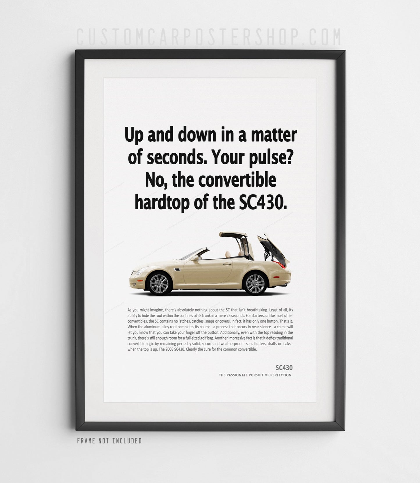 One-off remastered edition of a gold Lexus SC430 classic framed print ad.