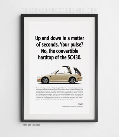 One-off remastered edition of a gold Lexus SC430 classic framed print ad.