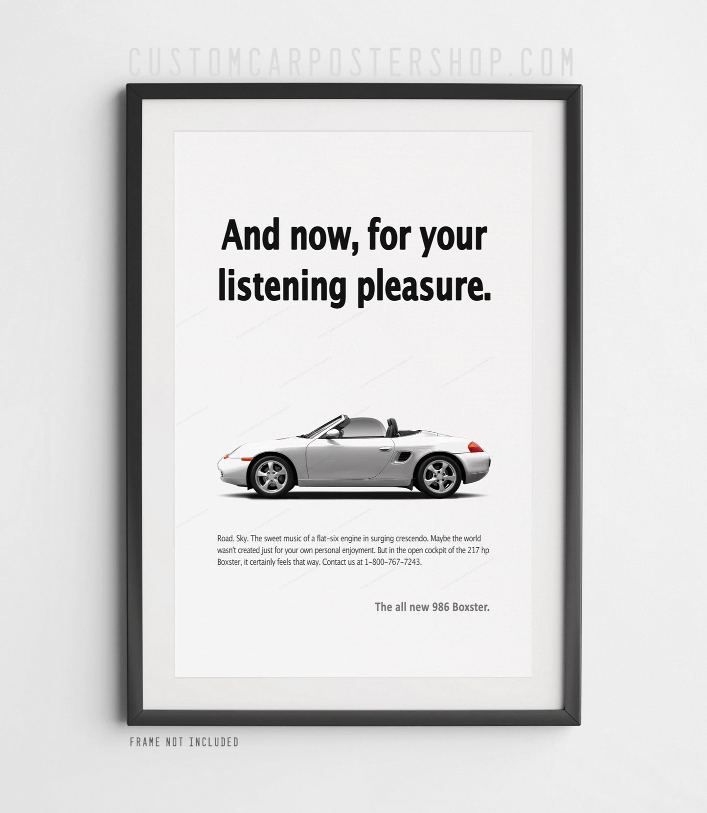 Porsche 986 Boxster poster – remastered “For Your Listening Pleasure” print ad reproduction. Classic Porsche wall art gift for Boxster and Porsche fans.
