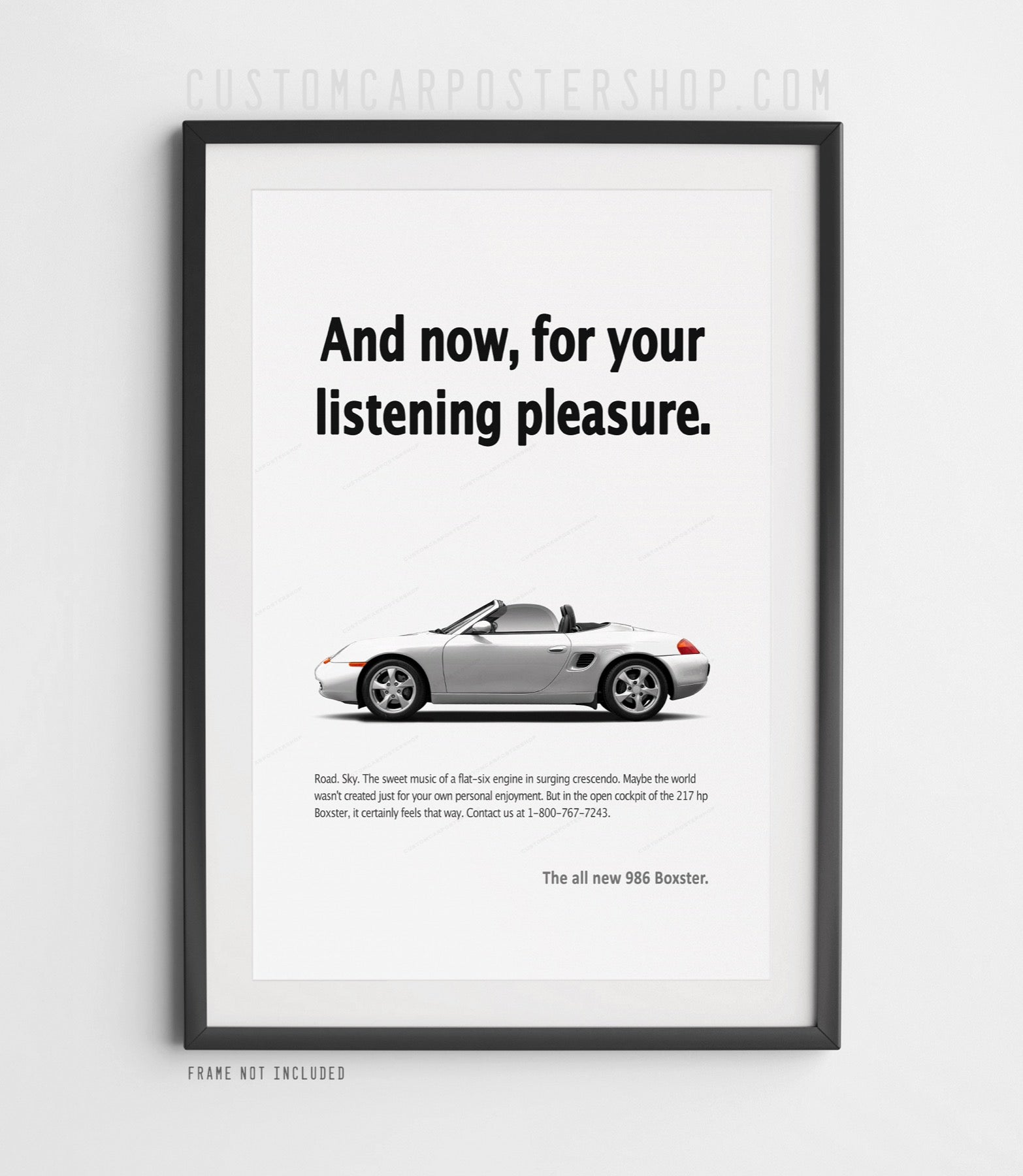 Porsche 986 Boxster poster – remastered “For Your Listening Pleasure” print ad reproduction. Classic Porsche wall art gift for Boxster and Porsche fans.