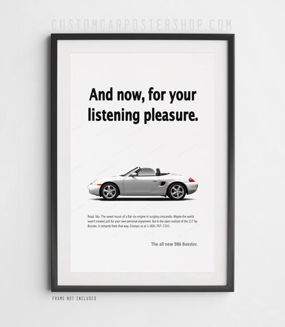 Porsche 986 Boxster poster – remastered “For Your Listening Pleasure” print ad reproduction. Classic Porsche wall art gift for Boxster and Porsche fans.