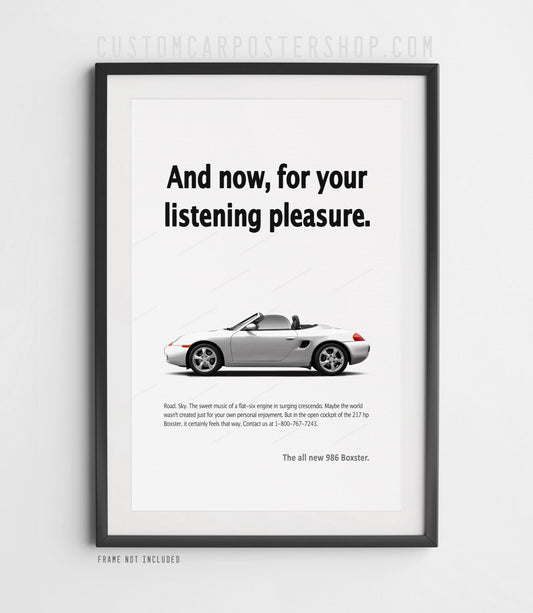 Porsche 986 Boxster poster – remastered “For Your Listening Pleasure” print ad reproduction. Classic Porsche wall art gift for Boxster and Porsche fans.