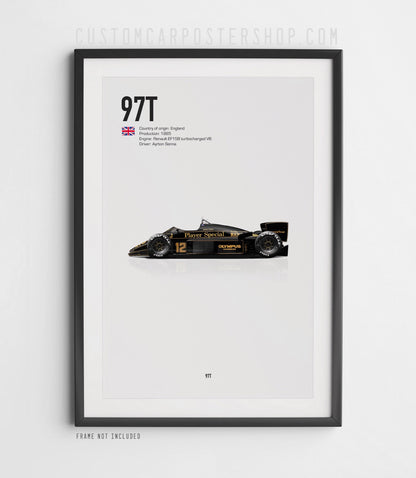 Framed poster of the 1985 Lotus 97T Formula 1 car driven by Ayrton Senna – black and gold John Player Special livery, side profile print for F1 collectors