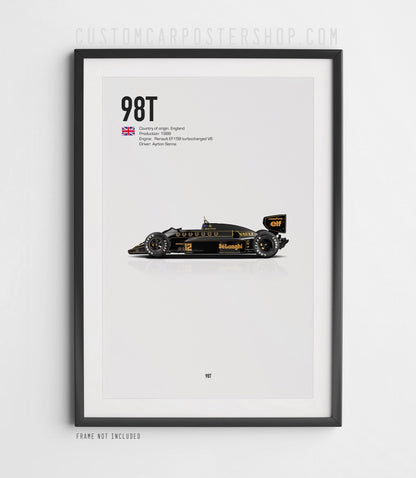 Poster of the 1986 Lotus 98T Formula 1 car driven by Ayrton Senna – side profile print in iconic black and gold John Player Special livery for F1 collectors