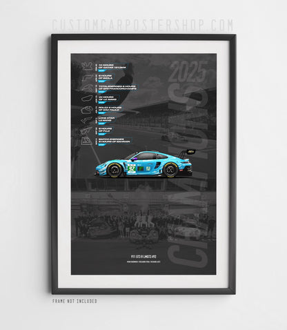 2025 WEC endurance championship poster with Manthey 1st Phorm #92 Porsche 911 GT3 R LMGT3 car, race schedule, track maps, and team details