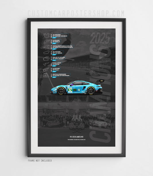 2025 WEC endurance championship poster with Manthey 1st Phorm #92 Porsche 911 GT3 R LMGT3 car, race schedule, track maps, and team details
