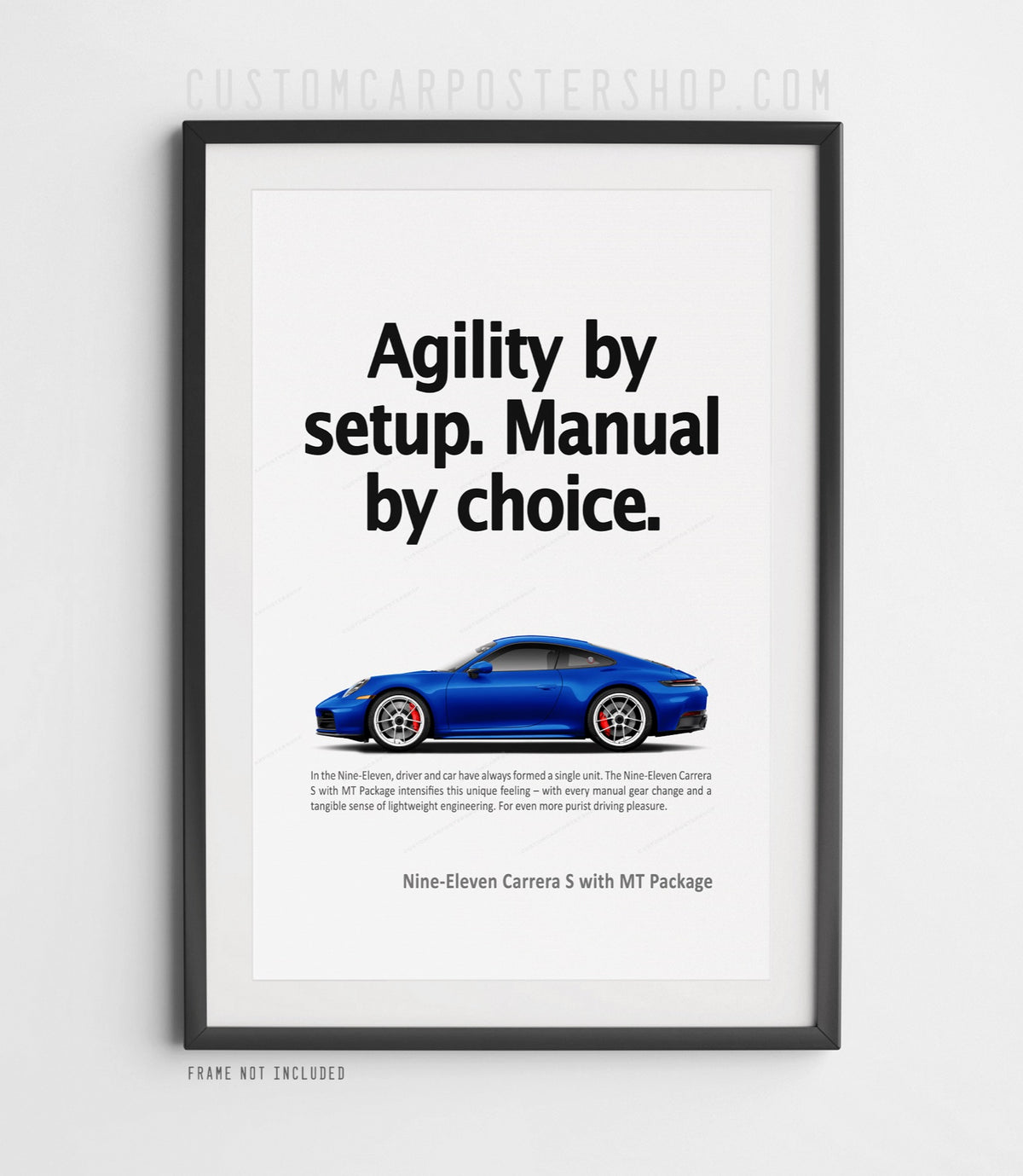 Porsche 992.2 Carrera S with manual transmission package shown in side profile on minimalist “Agility by Setup. Manual by Choice.” remastered print ad.