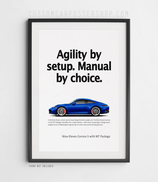 Porsche 992.2 Carrera S with manual transmission package shown in side profile on minimalist “Agility by Setup. Manual by Choice.” remastered print ad.