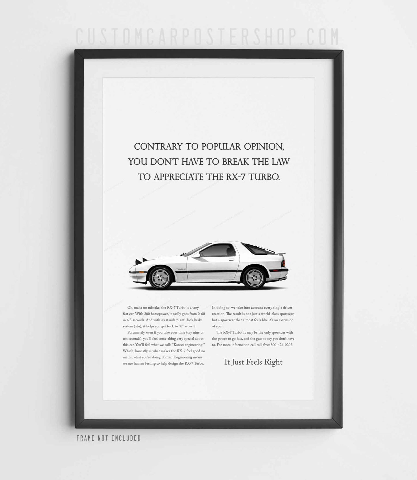 Remastered Mazda RX-7 FC Turbo “Break the Law” vintage print advertisement poster featuring a white second-generation RX-7.