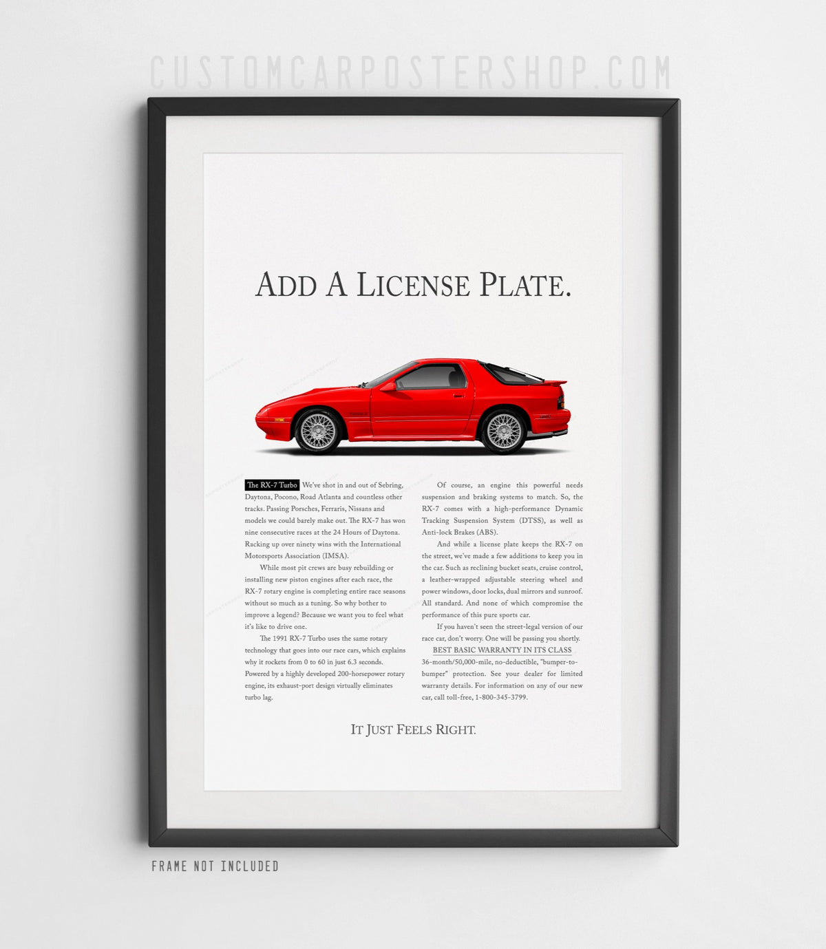 Remastered Mazda RX-7 Turbo FC print advertisement featuring a red RX-7 in side profile with the iconic “Add a License Plate” headline.