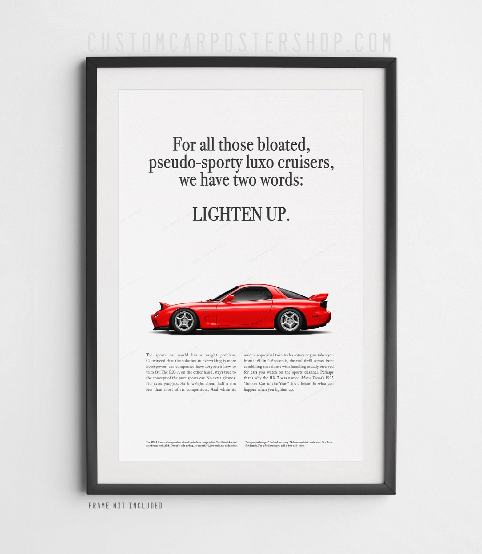 Mazda RX-7 FD classic print ad poster with pop-up headlights and “Lighten Up” headline, minimalist retro automotive artwork