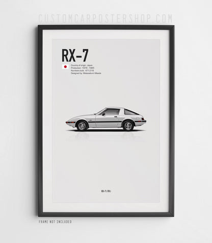 Mazda RX-7 FB poster print featuring a silver first-generation RX-7 (1978–1985) side view – minimalist JDM car wall art for garage or office.