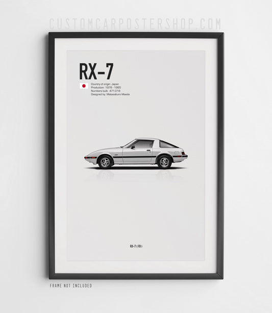 Mazda RX-7 FB poster print featuring a silver first-generation RX-7 (1978–1985) side view – minimalist JDM car wall art for garage or office.