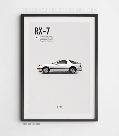 Minimalist art poster of a white Mazda RX-7 FC (1985–1992) with side profile view, pop-up headlights, and clean layout – JDM rotary engine car wall art.