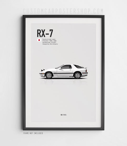 Minimalist art poster of a white Mazda RX-7 FC (1985–1992) with side profile view, pop-up headlights, and clean layout – JDM rotary engine car wall art.