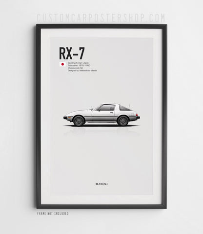 Classic Mazda RX-7 GS (SA) 1978–1980 poster. JDM sports car wall art print for RX-7 fans and collectors.