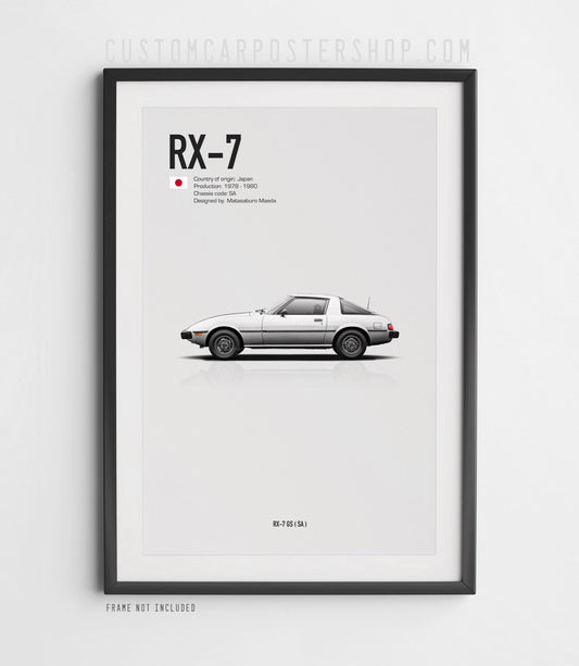 Classic Mazda RX-7 GS (SA) 1978–1980 poster. JDM sports car wall art print for RX-7 fans and collectors.