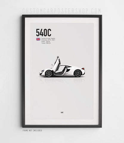 High-resolution White McLaren 540C poster with open doors framed wall art.