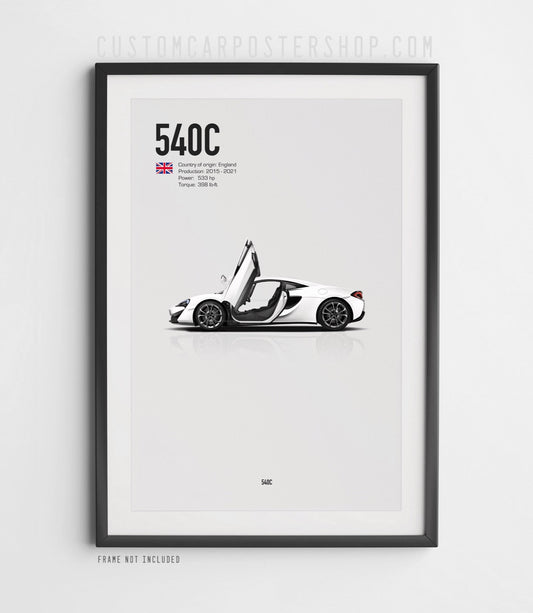 High-resolution White McLaren 540C poster with open doors framed wall art.