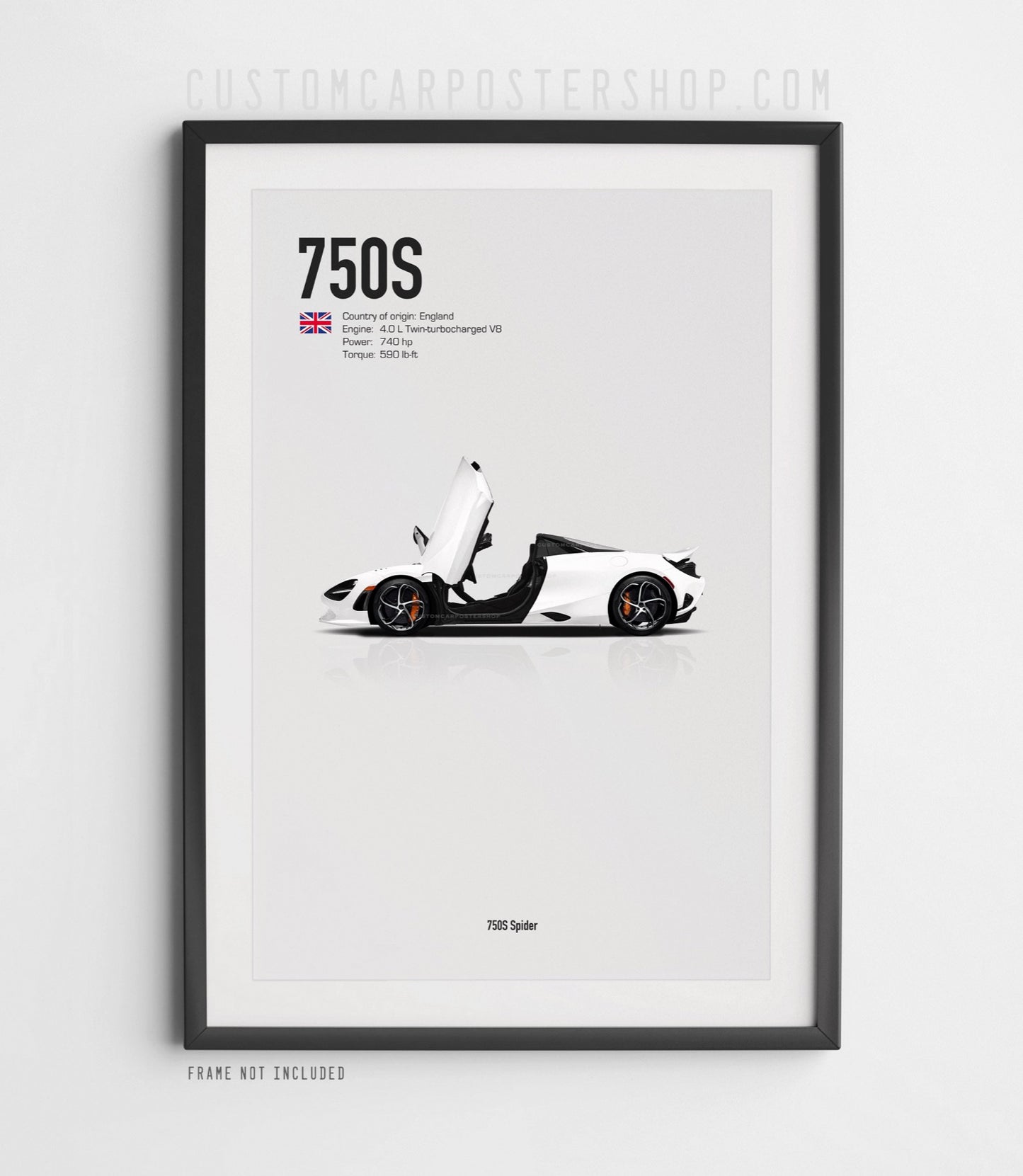 McLaren 750S Spider with open door poster in white, supercar wall art print featuring twin-turbo V8 convertible design with open or closed door option.