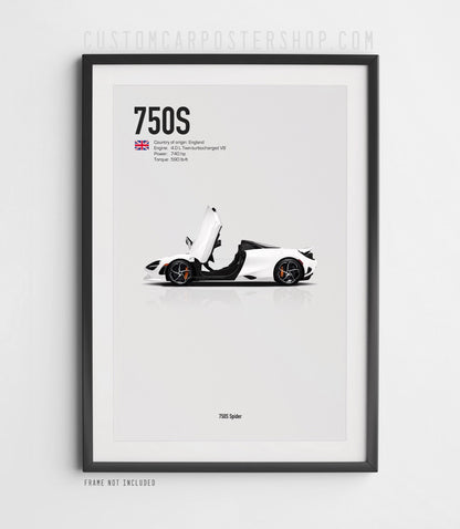 McLaren 750S Spider with open door poster in white, supercar wall art print featuring twin-turbo V8 convertible design with open or closed door option.