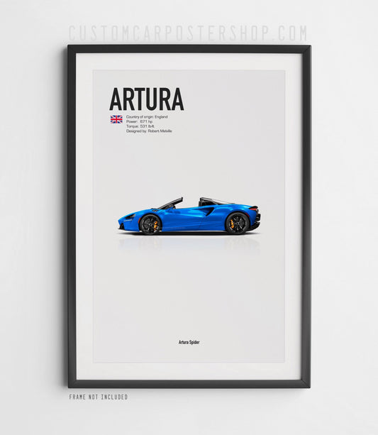 McLaren Artura Spider poster in blue, hybrid supercar wall art featuring 671 hp convertible design with customizable roof-up or roof-down option.