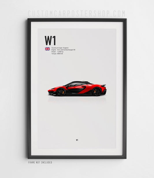 Framed McLaren W1 Supercar Poster – Red Twin-Turbo V8 Performance Car Art Print for McLaren Fans and Supercar Collectors
