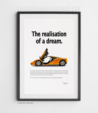 Remastered McLaren F1 “The Realisation of a Dream” vintage print advertisement poster featuring the iconic orange McLaren F1.