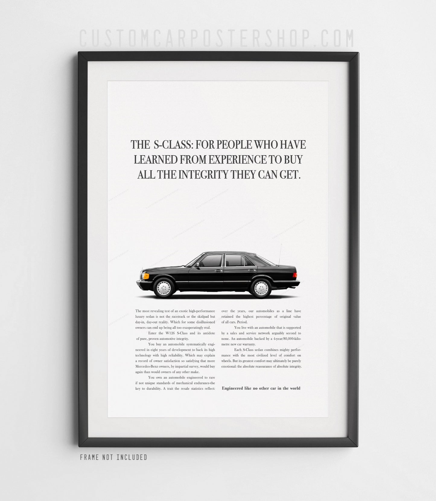 Framed Mercedes-Benz W126 S-Class "Buy Integrity" vintage magazine ad poster – photorealistic classic car wall art for man cave, garage, office, or home decor.