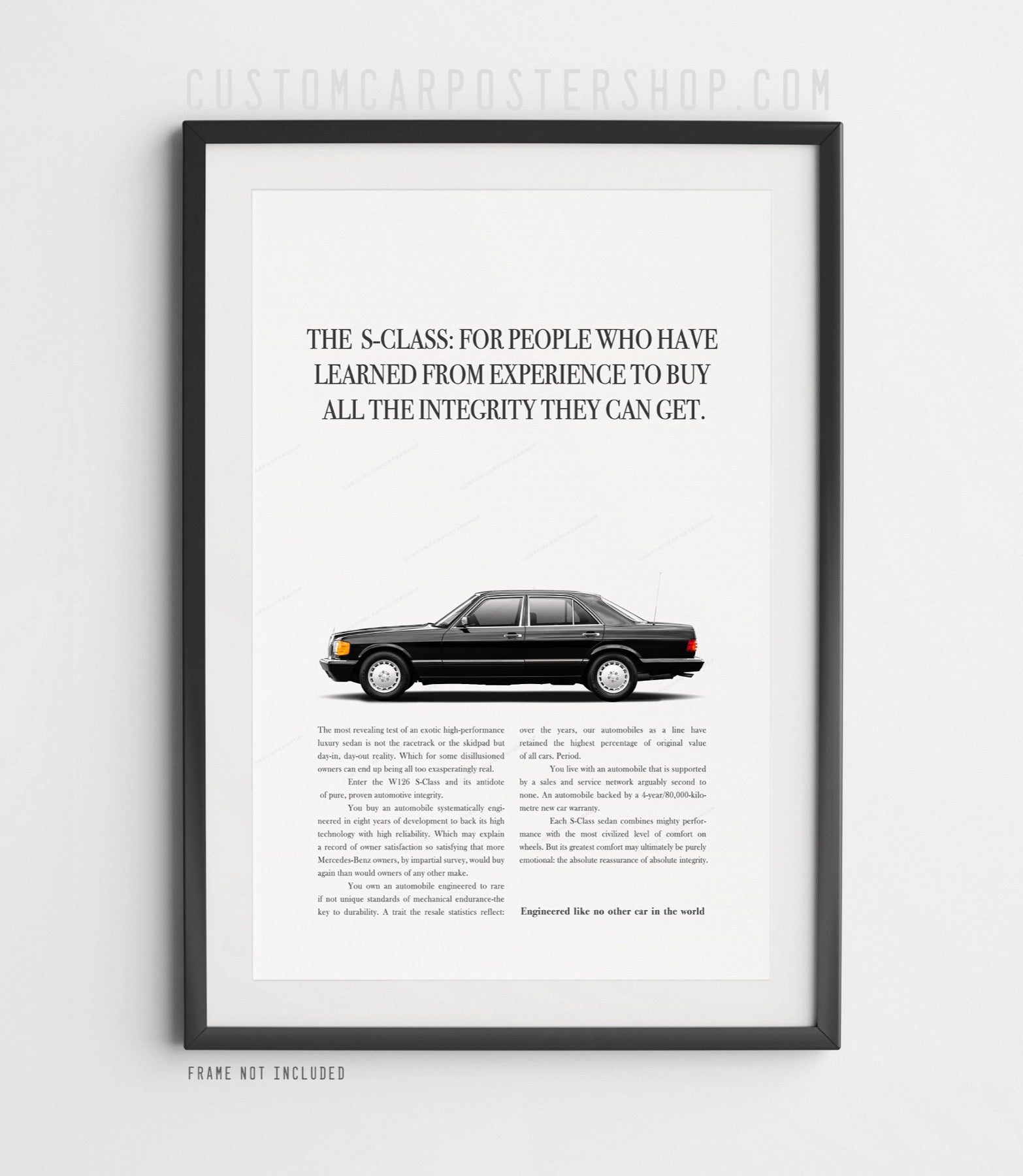 Framed Mercedes-Benz W126 S-Class "Buy Integrity" vintage magazine ad poster – photorealistic classic car wall art for man cave, garage, office, or home decor.