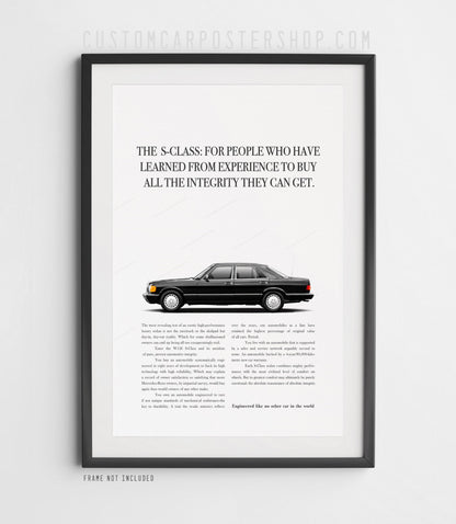 Framed Mercedes-Benz W126 S-Class "Buy Integrity" vintage magazine ad poster – photorealistic classic car wall art for man cave, garage, office, or home decor.