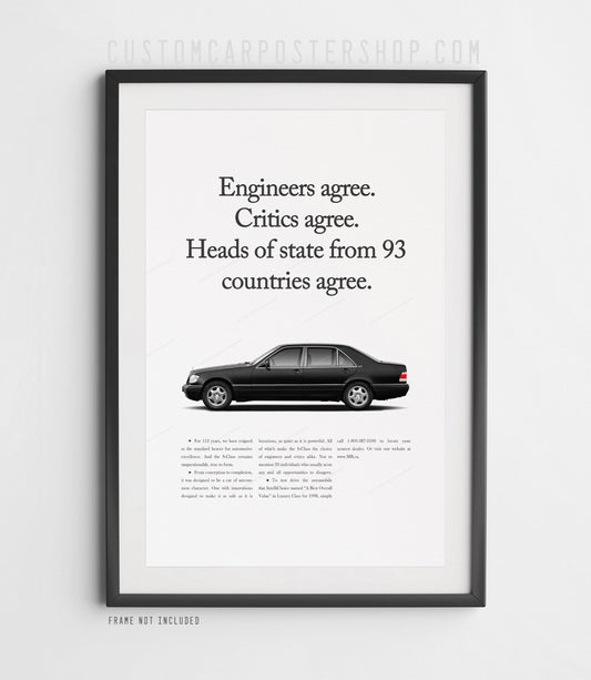 Mercedes-Benz S600L W140 V12 “Heads of State” poster – classic luxury sedan wall art for Mercedes fans, garages, man caves, or home offices.