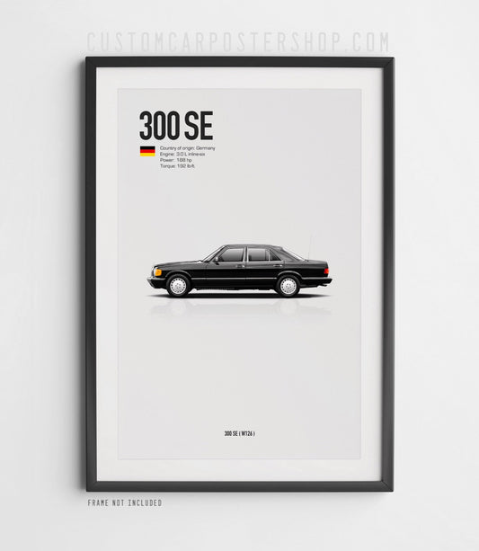 Mercedes-Benz W126 300SE Classic Car Poster – Vintage German Luxury Sedan Wall Art for Mercedes Enthusiasts and Automotive Decor