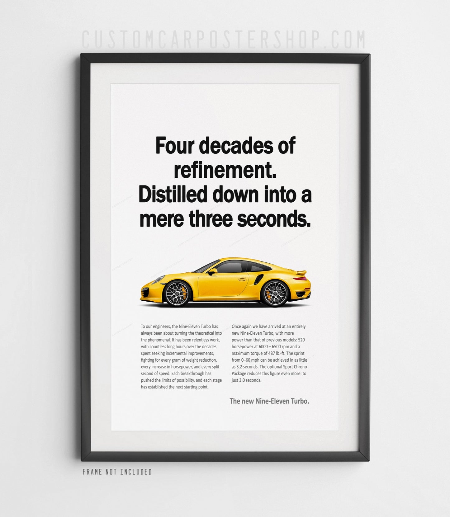 Porsche 991.1 Turbo poster in yellow, remastered “Mere Three Seconds” classic print ad wall art, collectible Porsche 911 decor for office, garage, or man cave.