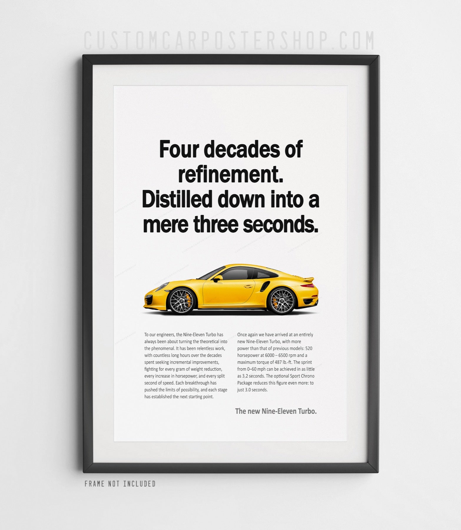 Porsche 991.1 Turbo poster in yellow, remastered “Mere Three Seconds” classic print ad wall art, collectible Porsche 911 decor for office, garage, or man cave.
