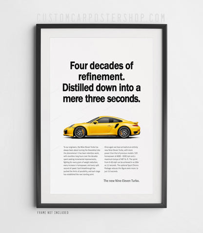 Porsche 991.1 Turbo poster in yellow, remastered “Mere Three Seconds” classic print ad wall art, collectible Porsche 911 decor for office, garage, or man cave.