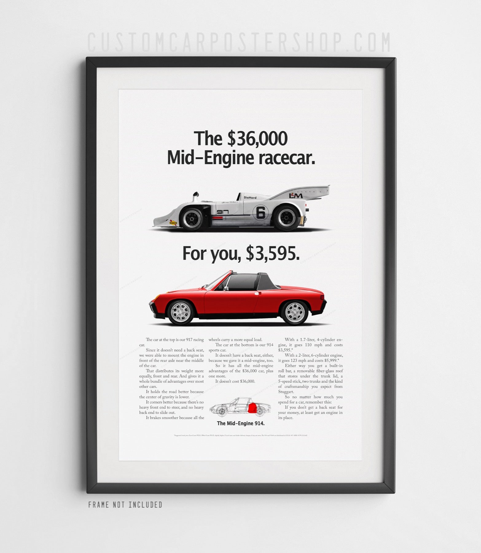 Porsche 914 Retro Classic Print Ad Mid-engine racecar in Guards Red