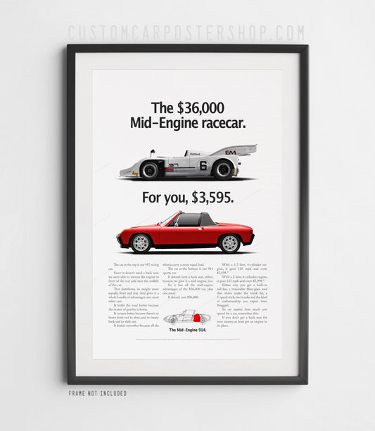 Porsche 914 Retro Classic Print Ad Mid-engine racecar in Guards Red