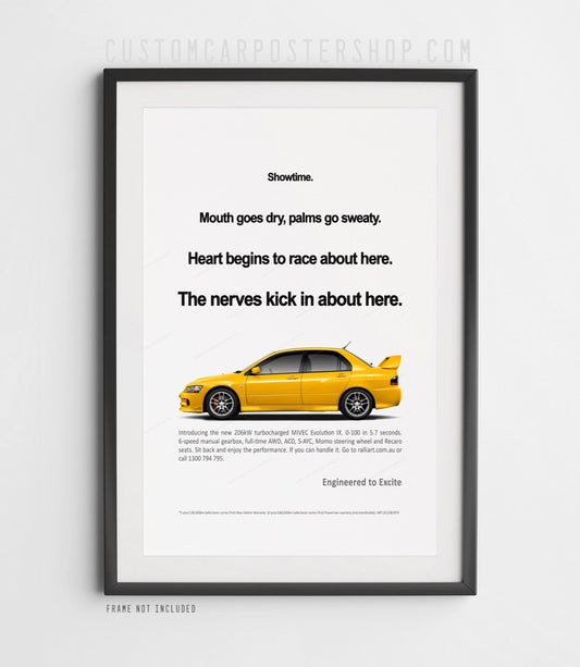 Mitsubishi Lancer Evolution IX remastered advertisement poster featuring a red Evo IX and the iconic "Showtime" slogan