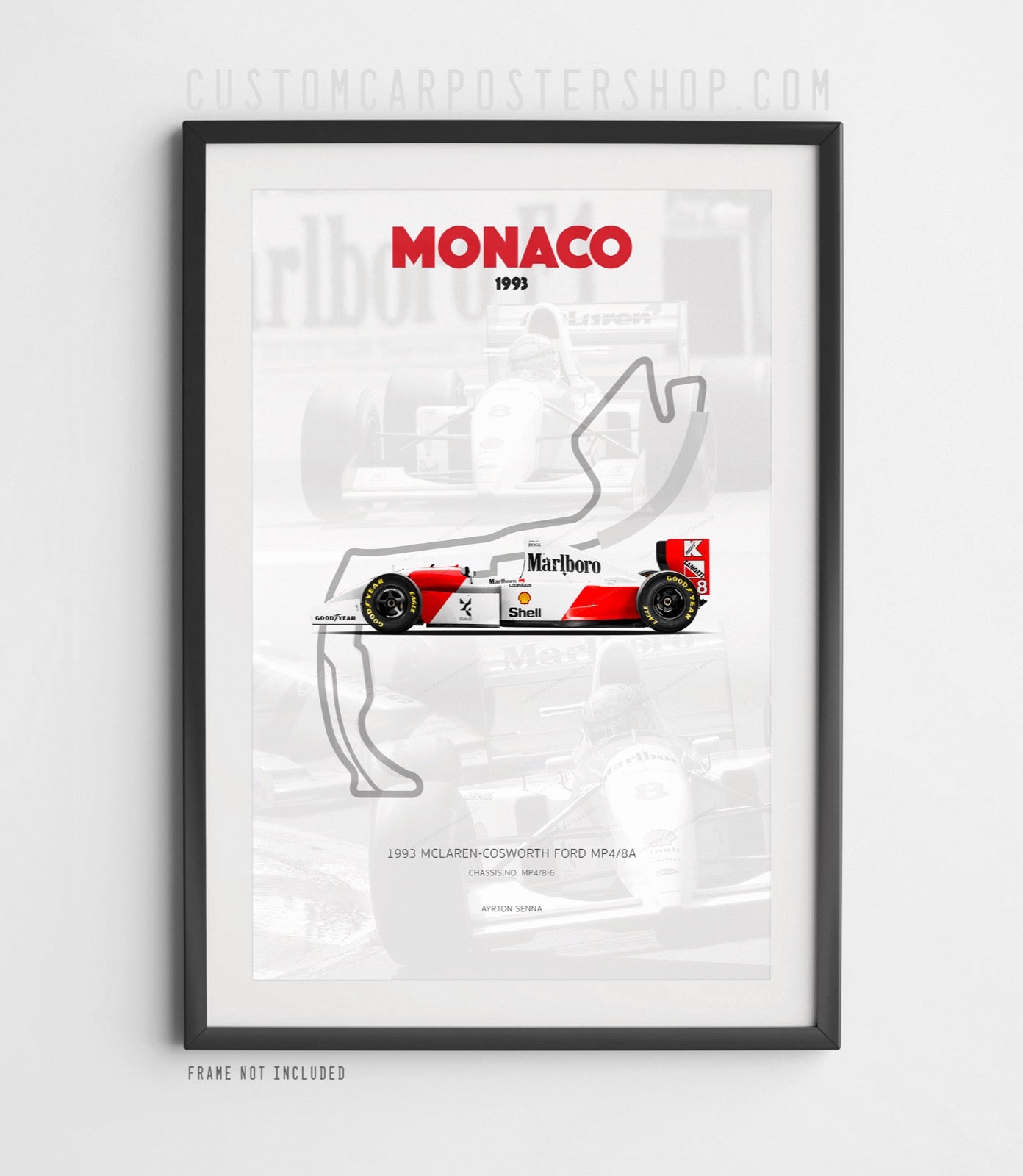 McLaren MP4/8 - Ayrton Senna 1993 Monaco F1 Grand Prix Poster Framed Art