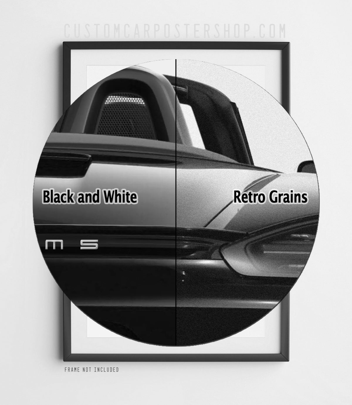 Porsche 718 Boxster retro ad poster “More Kids You Have” in Black and White, featuring the mid-engined roadster from behind with the soft top open, shown in a black frame mock-up.