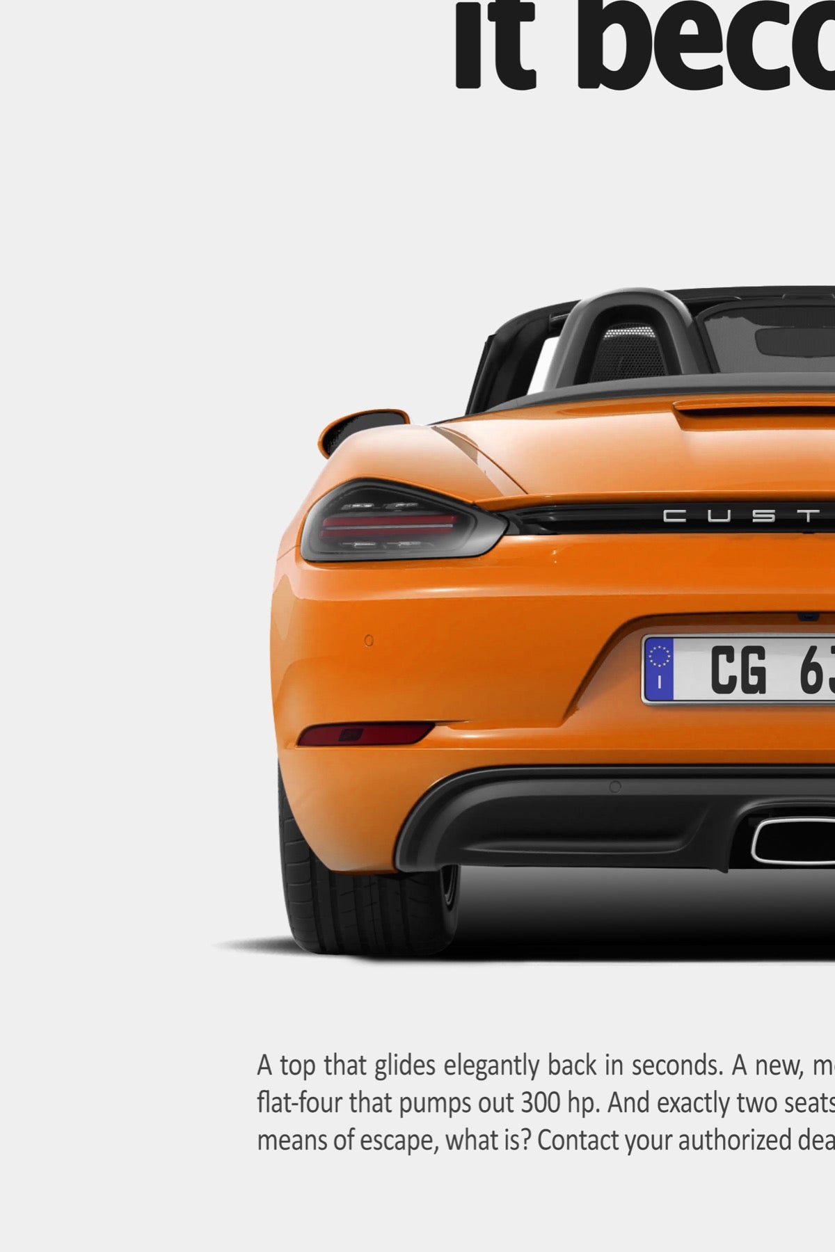 Close-up detail of the Porsche 718 Boxster “More Kids You Have” retro ad poster in Orange, showing the roadster’s rear with soft top open, dark tail lights, centre exhaust and the original ad copy.