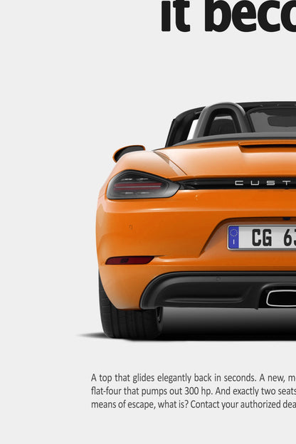 Close-up detail of the Porsche 718 Boxster “More Kids You Have” retro ad poster in Orange, showing the roadster’s rear with soft top open, dark tail lights, centre exhaust and the original ad copy.