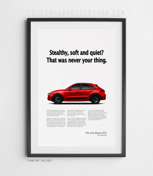 Porsche Macan GTS (95B) ‘Never Your Thing’ retro print ad in red, side profile shown in a black frame mock-up.