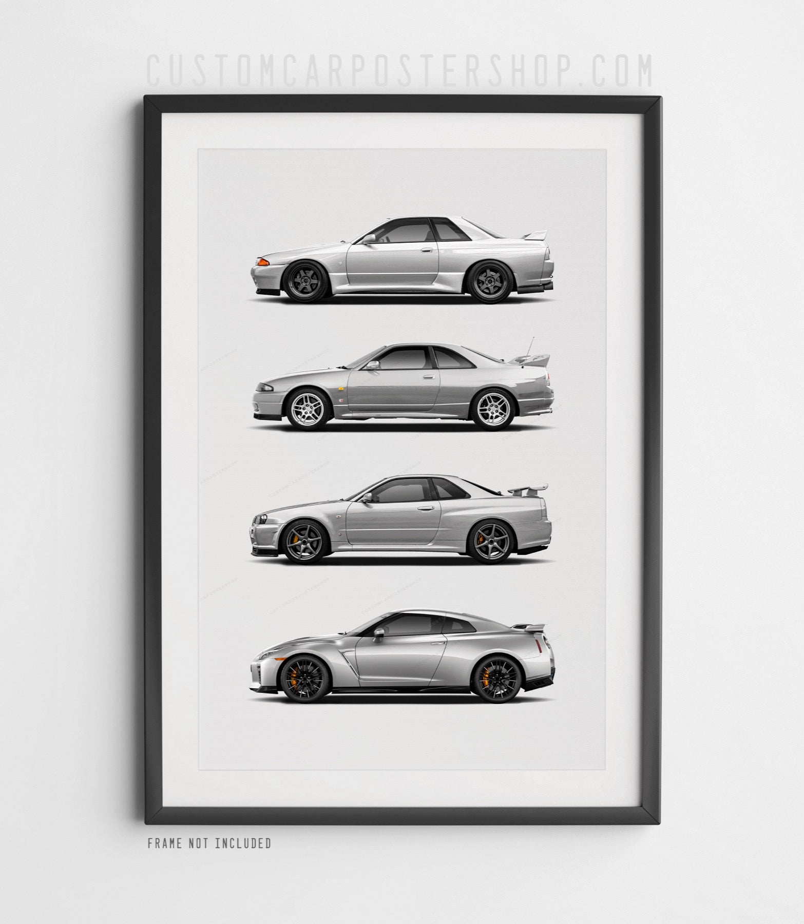 Nissan GT-R Generations poster featuring R32, R33, R34, and R35 Skyline models in high-resolution side profiles.