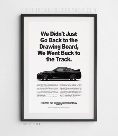 Remastered Nissan GT-R R35 “Back to the Track” print advertisement poster featuring a black GT-R in side profile.